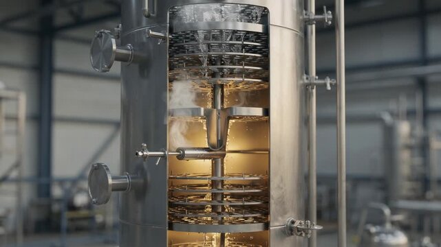 Medium shot of a continuous distillation column featuring tray design capturing the intricate plate stages separating ethanol from fermented wash with industrial precision.