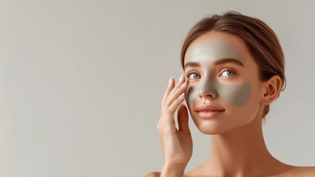 Young Caucasian woman applying clay facial mask in skincare routine at beauty studio. Professional cosmetology treatment for skin cleansing and hydration. Concept of self care and dermatology wellness