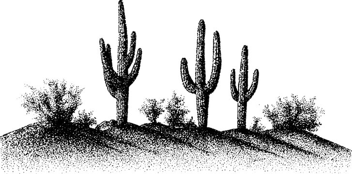 Desert landscape with tall cactus in black and white stipple art for print design