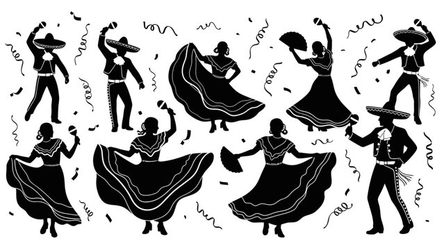 Mexican dancers silhouette vector set with sombrero and maracas.