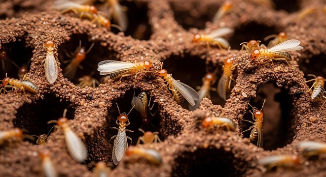 Close-up view of winged termites swarming within their intricate mud nest structure
