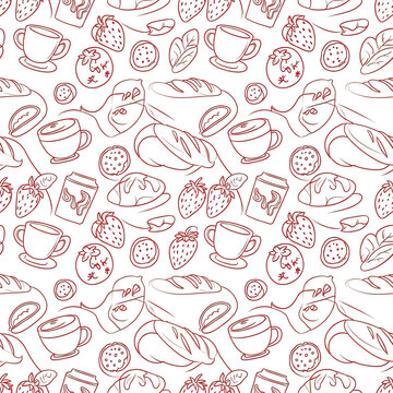 Delightful Breakfast Pattern Featuring Fresh Strawberries, Croissants, Bread, and Coffee Cups