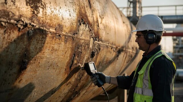 Engineer scanning the external surface of a storage vessel using an ultrasonic gauge highlighting corrosion assessment on exposed metal equipment.