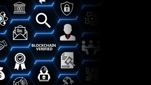 Blockchain verification concept with security and document elements for trusted data validation transaction transparency and decentralized system operations 4k animation video