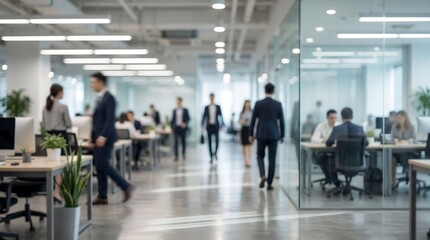 Fototapeta premium A busy, modern open-plan office features professionals walking and working at their desks, capturing the dynamic and collaborative atmosphere of a corporate workplace.