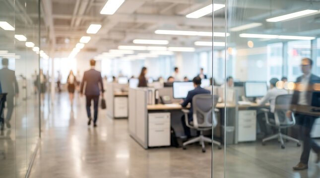 A lively and blurred modern office environment shows many employees actively working at their stations and moving through the open-plan workspace during the day.