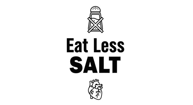 Eat less salt medical concept with crossed out salt shaker and human heart icon, healthy diet and hypertension prevention, black and white vector illustration.