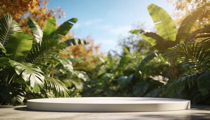 Fototapeta premium White circular podium standing in a lush tropical garden for product display and presentation