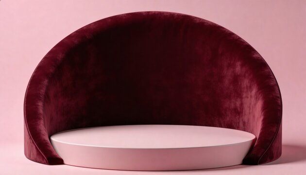 Minimalist pink circular podium with maroon velvet curved backdrop for luxury product display background