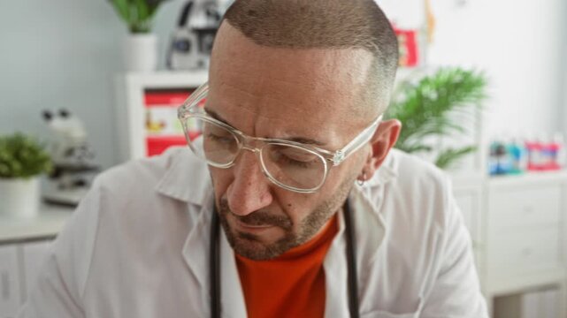 Man doctor with stethoscope and clear glasses intently looking at computer screen in building consultation room; concern duty professionalism.