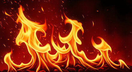 Fototapeta premium Intense bright orange fire flames erupting in dark night