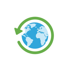 Obraz premium Sustainable Earth concept featuring a blue planet globe encircled by a vibrant green circular arrow, symbolizing environmental cycle, recycling, and global care for a greener future
