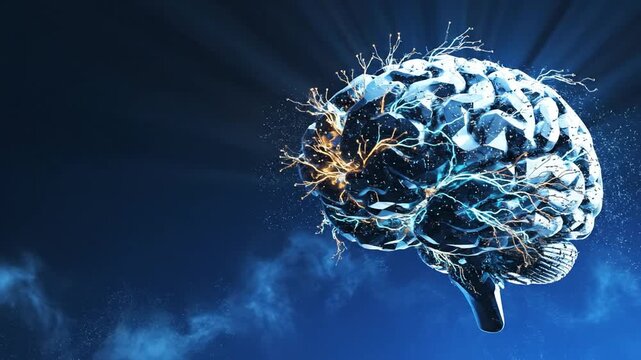 Floating glowing neural brain model in blue sky.