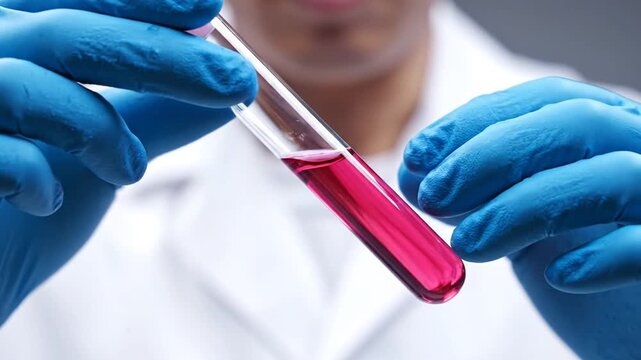 Scientist Wearing Blue Gloves Analyzing Pink Liquid In Test Tube.
