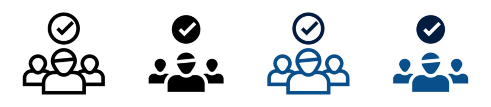 Iconos de equipo aprobado. Grupo de usuarios con visto de aprobaci&oacute;n. Aceptaci&oacute;n de equipo y validaci&oacute;n colaborativa. Ilustraci&oacute;n vectorial