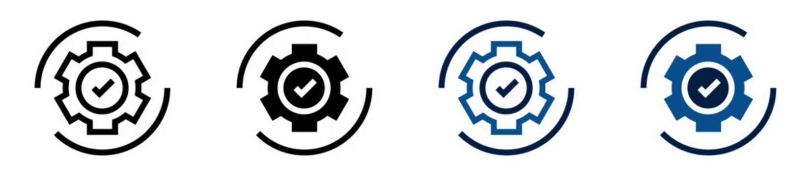 Iconos de proceso aprobado. Engranaje con visto de aprobaci&oacute;n. Validaci&oacute;n operativa y control de procesos. Ilustraci&oacute;n vectorial