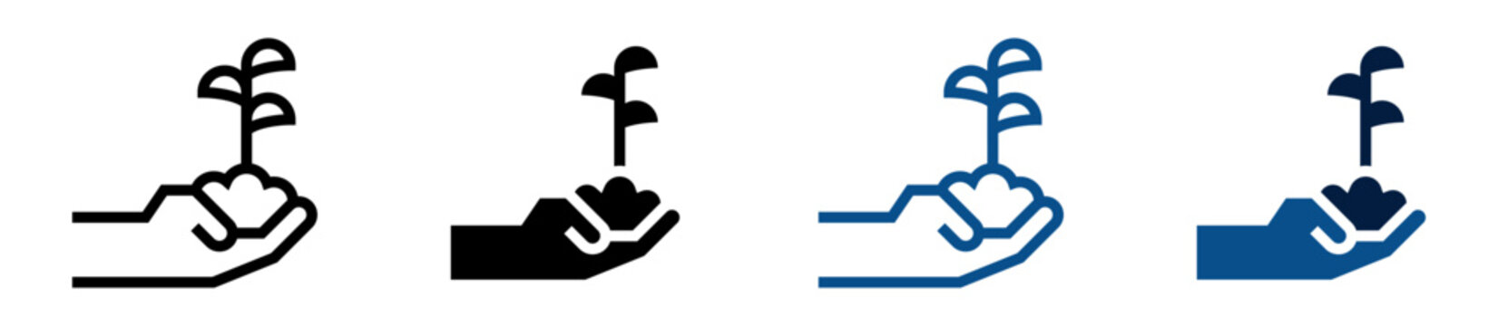 Iconos de cuidado ambiental. Mano sosteniendo planta que representa conservaci&oacute;n ecol&oacute;gica y protecci&oacute;n de la naturaleza. Ilustraci&oacute;n vectorial