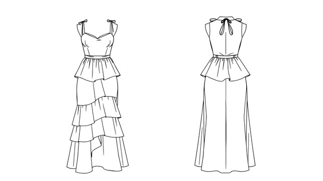 Tiered and peplum dresses front and back, cad drawing flat vector illustration, shoulder tie straps, fitted bodice, relaxed skirt fashion sketch