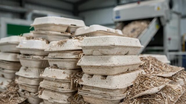 Medium shot focusing on molded compostable containers piled up prepared for shredding illustrating circular economy efforts in packaging solutions.