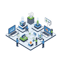 Fototapeta premium Isometric illustration of a team collaborating on a complex data analytics and financial technology system, showcasing interconnected devices and digital processes.