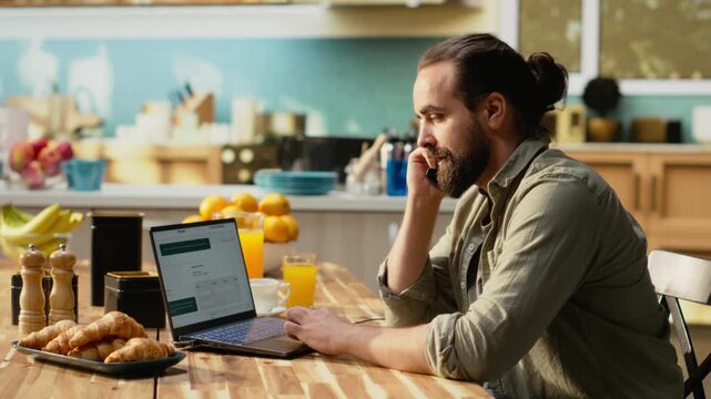 Adult man calling customer support for delayed shipment online tracking, real time updates and filing complaint for transport issues. Concern over lost package and shipping service errors.