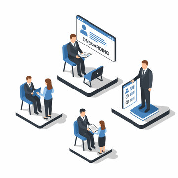 Isometric illustration depicting the onboarding process for new employees in a business setting, showcasing interviews and training.
