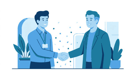 Obraz premium Two businessmen shaking hands in office with plants symbolizing partnership and onboarding process