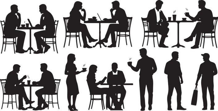 Silhouettes of people sitting and standing in a cafe setting