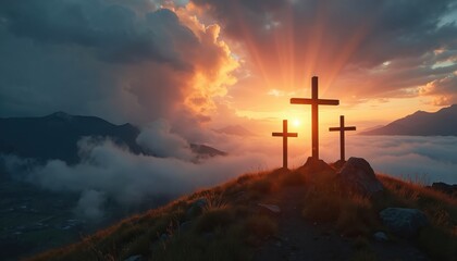 Fototapeta premium Three crosses stand on a grassy mountaintop at sunrise. Dramatic clouds and sun rays create a spiritual atmosphere above a sea of clouds and distant mountains.