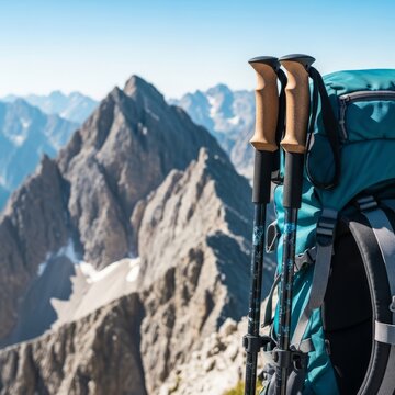 Durable trekking poles securely fastened to a hiking pack, positioned against the vast expanse of a jagged, steep mountain ridge. Epic adventure, ascent, adventure, blue sky