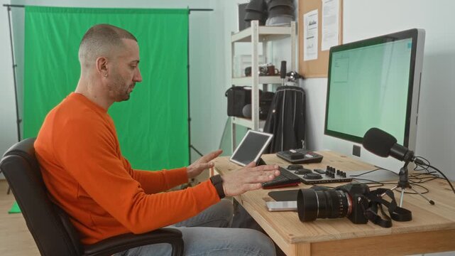 Man in studio typing on keyboard with hands on tablet, camera on desk and monitor and microphone nearby; concentration creativity.