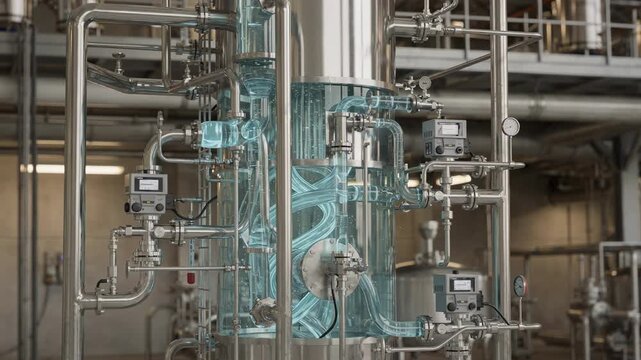 Medium shot focusing on a reflux adjustment in a tall insecticide distillation column capturing control valves and fluid flow changes for precise product separation.