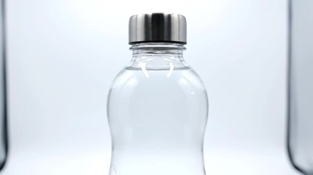 Close Up Transparent Plastic Water Bottle With Black Cap.