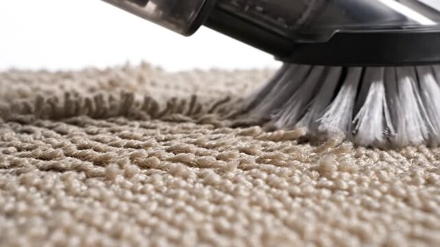 Close Up Vacuum Cleaning Brush Over Beige Carpet Fibers.