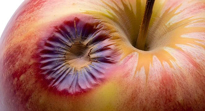 Close up of rotten apple core with stem and damaged flesh showing transparent background