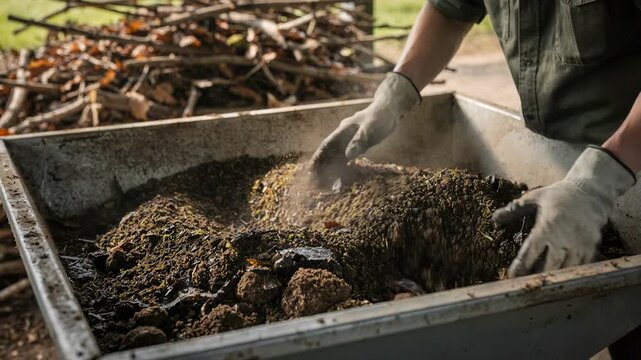 Medium shot capturing the preparation of biofertilizer at a botanical waste station mixing decomposed plant waste into nutrientrich soil amendments.