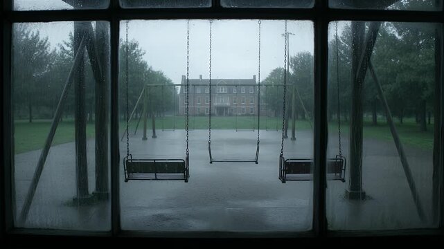 Rain-streaked window frame, an empty swing set, wet ground, distant institutional building