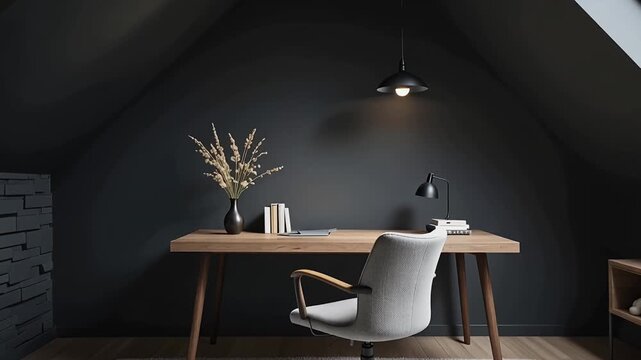 attic home office desk with chair under skylight in dark walls