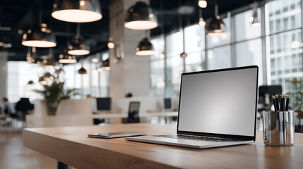 Naklejka premium Laptop mockup with blank screen on wooden desk in industrial office. Modern workspace for creative design, web presentation, and digital marketing in a stylish open-plan interior.