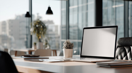 Naklejka premium Laptop computer mockup with blank screen on desk near window. Bright professional workspace for website design, remote work, and corporate presentation in modern office interior.