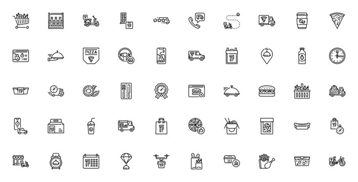 Food Delivery icon set. Vector illustration pack with grocery cart, moped, pizza, truck, smartphone, clock and more. Fast delivery, restaurant and shipping symbols.