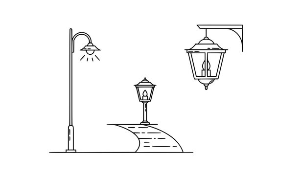 Outdoor garden lamp icons set line art black and white vector