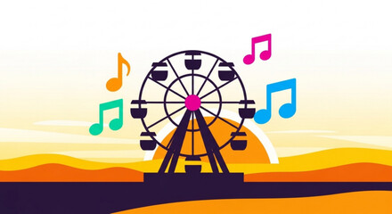 Vibrant ferris wheel with colorful music notes at sunset carnival event © Adobe