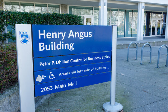 Henry Angus Building sign at 2053 Main Mall, UBC campus, home of the Peter P. Dhillon Centre for Business Ethics