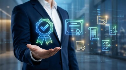 Obraz premium A professional businessman in a dark suit presents a vibrant, glowing quality approval badge and various certification documents hovering above his open palm.