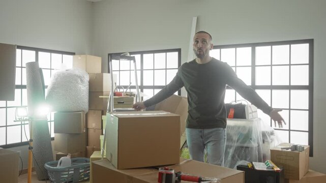 Man by cardboard boxes with hands clasped inside building, unpacking surrounded by ladder and bubblewrap; anticipation new start.
