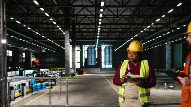 Portrait woman, black engineer, evaluates equipment, factory warehouse. Steel beams stretch overhead while mechanical systems and industrial technology drive continuous production.