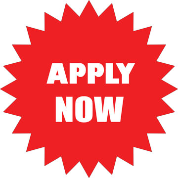 A red starburst shape with apply now text