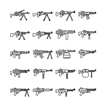 Various Automatic Weapons with Bipods and Drums Vector Icons