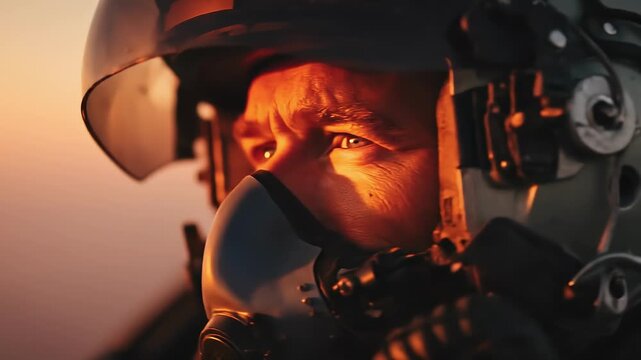 Close-up of a tactical operator wearing helmet and visor in dramatic orange sunset light. Modern military equipment and security forces concept with cinematic lighting